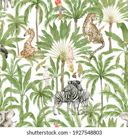 Watercolor seamless pattern with African animals and palm trees. Giraffe, elephant, zebra, leopard, parrot, banana and coconut palms. Wild jungle flora and fauna. Deep tropical green rainforest.