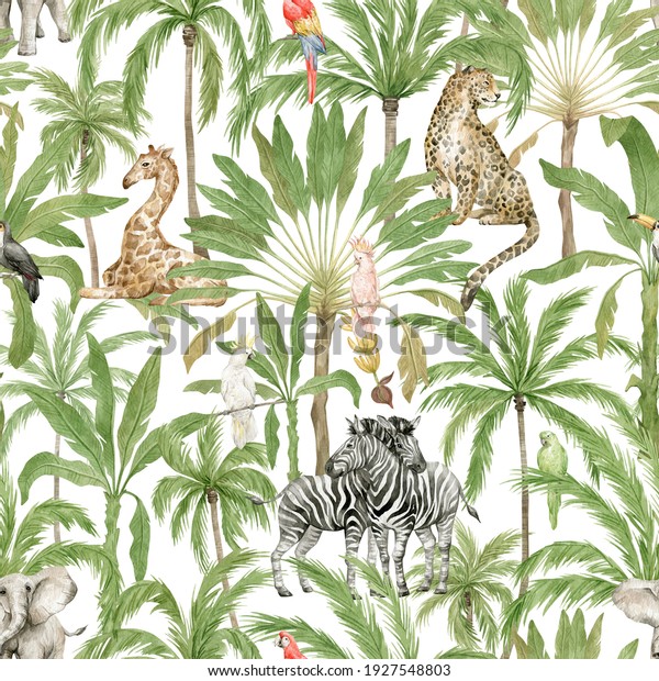 Watercolor seamless pattern with African\
animals and palm trees. Giraffe, elephant, zebra, leopard, parrot,\
banana and coconut palms. Wild jungle flora and fauna. Deep\
tropical green\
rainforest.