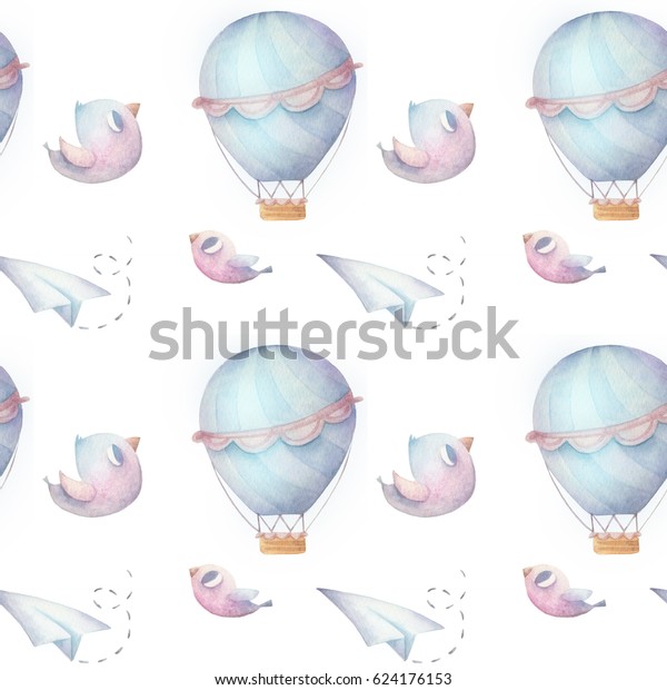 風船と雲のシームレスな水彩柄 手描きのビンテージコラージュのイラストと熱風船 鳥 紙の飛行プラン 水彩壁紙 のイラスト素材