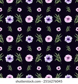 Watercolor seamless pattern of anemones with eucalyptus leaves isolated on dark background. For Valentine day, wedding invitation, birthday, mother day cards, poster, textile, cover, print. - Powered by Shutterstock