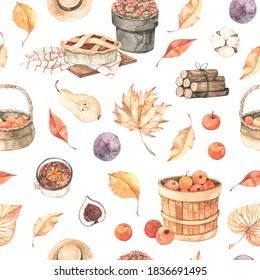 Watercolor seamless pattern - Autumn harvest. Fall leaves, apple, apple pie, fig, wood, cotton. Forest background. Perfect for seasonal advertisement, invitations, fabric, wrapping paper, textile - Powered by Shutterstock