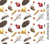 Watercolor seamless pattern with autumn leaves berries and pine cones. Vector seamless background with natural elements . Autumn forest, feathers, berries, cones.
