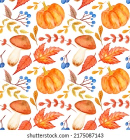 Watercolor Seamless Pattern In Autumn Style, Colorful Bright Leaves, Blue Berries, Pumpkin And Mushroom  On A White Background.