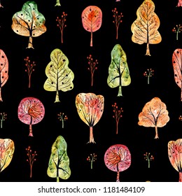 Watercolor Seamless Pattern With Autumn Tress On Black Background