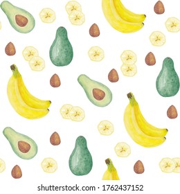 Watercolor seamless pattern Avocado Banana Whole, Half, Ossicle Summer fresh illustration Isolated on white background Hand drawn Healthy trendy food for vegan Design for kitchen Textile fabrics Menu.