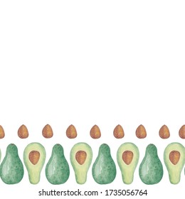 Watercolor seamless pattern avocado. Whole, Half, Ossicle. Horizontal illustration Isolated on white background. Hand drawn. Healthy trendy food for vegan. Design for kitchen, textile fabrics, menu.