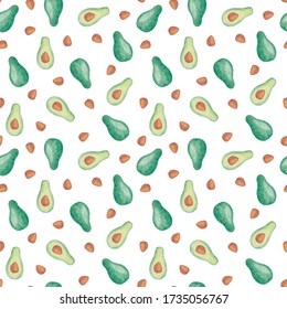 Watercolor seamless pattern avocado. Whole, Half, Ossicle. Summer fresh illustration Isolated on white background. Hand drawn. Healthy trendy food for vegan. Design for kitchen, textile fabrics, menu.