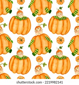 Watercolor seamless pattern  baby in pumpkin costume   little pumpkins white background  Colorful pattern for various autumn products 