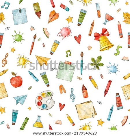 Watercolor seamless pattern Back to School: note paper, pencil, apple, paper plane, paints. Stationery, materials for hobby and creativity. Print for fabric and wrapping paper, textiles, packaging