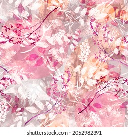Watercolor seamless pattern, background with a floral pattern. Watercolor background, drawing with autumn with forest flowers, leaves, plants, berries branch. Abstract paint splash. Bush, wild grass