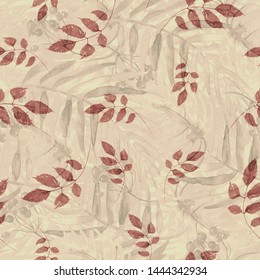 Watercolor seamless pattern, background. Illustration - Branch, red autumn leaves. Vintage pattern. Watercolor Fall Leaves Illustration.  Aspen leaf, rowan. Tropical leaves. 
