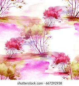 Watercolor seamless pattern, background with vintage pattern. Pink, yellow bush, tree, beautiful autumn landscape in pink, lilac color. On a white background. Stylish fashion illustration.