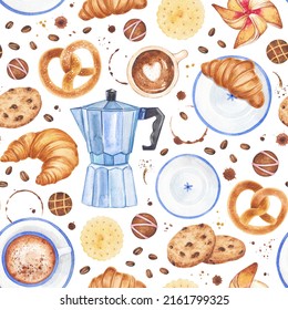 Watercolor seamless pattern with baking and coffee elements on a white background.Hand-painted with croissants, cookies, chocolate, pretzel, strawberry pinwheel, coffee beans. Parisian breakfast.