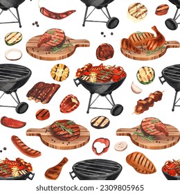 Watercolor seamless pattern barbecue. Elements for cooking bbq - grill, chicken and meat. Hand-drawn illustration isolated on white background. Perfect concept food menu, food drawing, design packing