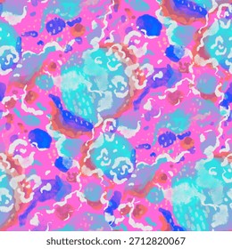 Watercolor seamless pattern with beautiful bright abstract elements and leopard spots. Colorful animalistic texture for any kind of a design. Contemporary art. Trendy modern style.