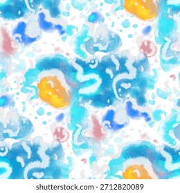 Watercolor seamless pattern with beautiful bright abstract elements and leopard spots. Colorful animalistic texture for any kind of a design. Contemporary art. Trendy modern style.