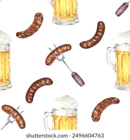 Watercolor seamless pattern with beer mugs and sausages. Background clipart for event promotions, party decorations, themed textiles, and festive merchandise for Oktoberfest celebrations - Powered by Shutterstock