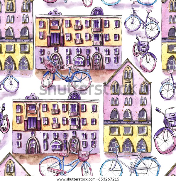 Watercolor
seamless pattern with bicycles and
houses
