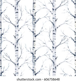 Watercolor Seamless Pattern Birch Tree. Forest