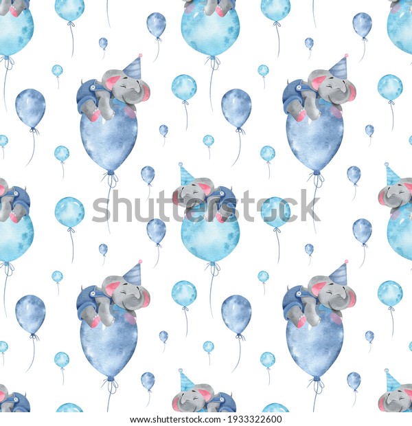 watercolor seamless pattern birthday baby
elephant with
balloons