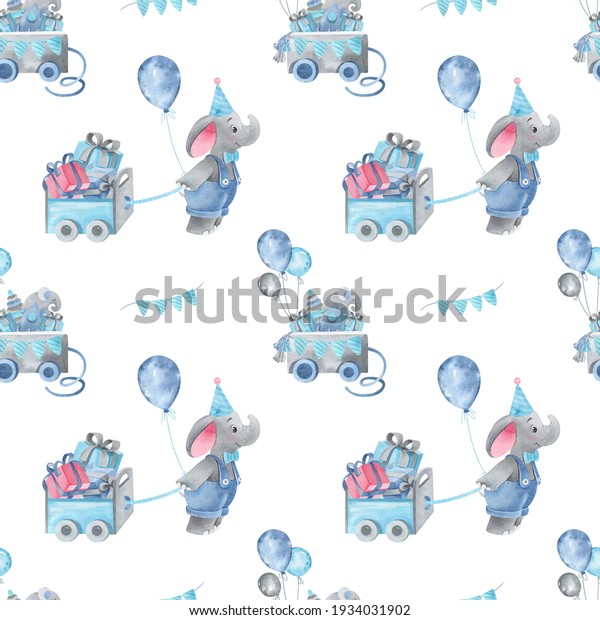 watercolor seamless pattern birthday baby\
elephant with\
balloons