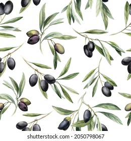 Watercolor seamless pattern with black olives and branch. Hand painted olives  isolated on white background. Botanical illustration for design, print, fabric or background