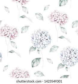 Watercolor seamless pattern with blue hydrangea. Flower print. Hand drawn illustration