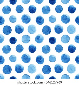 Watercolor seamless pattern with blue polka dots. Abstract modern background, illustration. Template for textile, wallpaper, wrapping paper, etc.