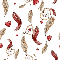 Watercolor Seamless Pattern Of Bright Feathers. Brown And Red Feathers, Bright Red Hearts, A Heart-shaped Dreamcatcher With Beads. Handmade Work. On A White Background. For Valentine's Day Design