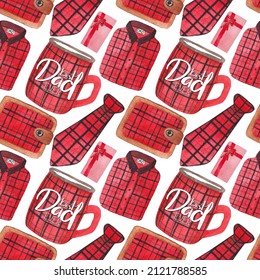 Watercolor Seamless Pattern, Bright Men's Accessories, Wallet, Mug, Tie, Shirt With A Plaid Pattern. Pattern On A White Background For Men, Father, Father's Day, Birthday, Etc.