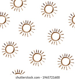 Watercolor Seamless Pattern With Brown Sun. Boho Style.