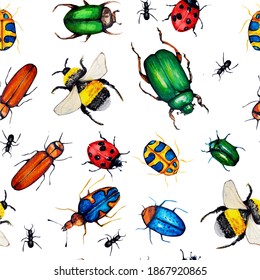 Watercolor Seamless Pattern Of Bug. 