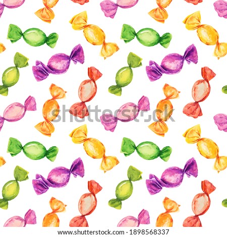 Watercolor seamless pattern with candies in wrapper isolated on white background. Hand drawn watercolor illustration.
