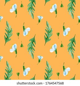 Watercolor seamless pattern Capsella Bursa-Pastoris. Medicinal meadow flowers. Wild healing herbs, botanical floral texture on a orange background. Ideal for textiles, packaging, wallpaper, websites. - Shutterstock ID 1764547568