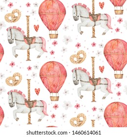 Watercolor Seamless Pattern With Carousel Horse And Air Balloon