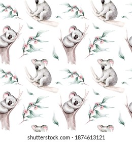 Watercolor Seamless Pattern Cartoon Baby Koala Tropical Animal Illustration. Jungle Exotic Summer Print. Australian Zoo Isolated Design