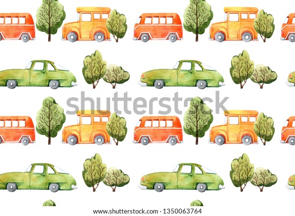 Watercolor seamless pattern with cartoon car.\
Hand drawn illustration. Isolated on white background. Funny\
cartoon image. Travel\
conception.