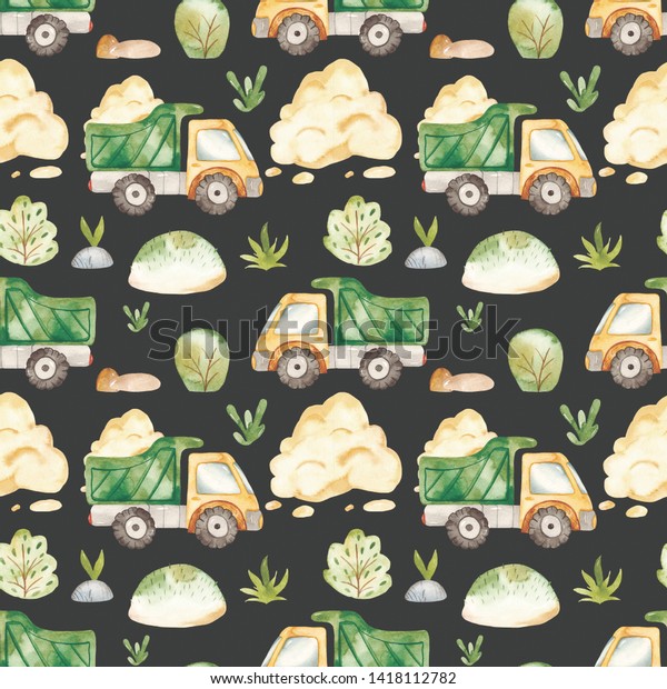 Watercolor\
seamless pattern with cartoon cute transportation truck. Texture\
for children\'s design, birthday, wallpaper, scrapbooking, prints,\
clothing, fabrics, textiles,\
packaging.