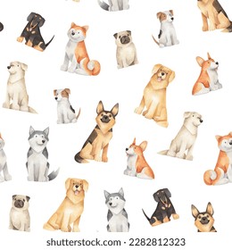 Watercolor seamless pattern with cartoon dog breeds. Cute hand-drawn texture with different dogs. Pattern with sitting dogs for textile or wrapping paper - Powered by Shutterstock