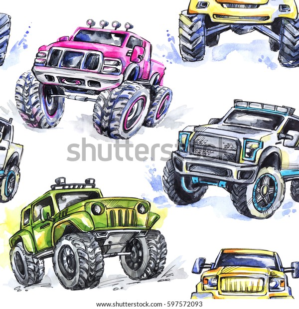 Watercolor seamless pattern Cartoon Monster\
Trucks. Colorful Extreme Sports background. 4x4. Vehicle SUV Off\
Road. Lifestyle. Man\'s\
hobby.