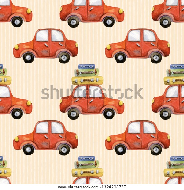 Watercolor seamless pattern with\
cartoon red cars. Texture for kids design, fabrics, textiles,\
wallpaper, packaging, scrapbooking. Funny and colorful\
background.