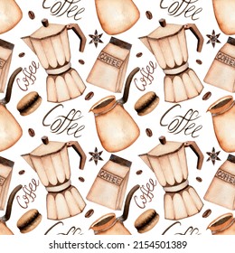 Watercolor seamless pattern of coffee maker, cezve, geyser, macoroon, coffee pack and simple lettering. Cute pattern on white background.