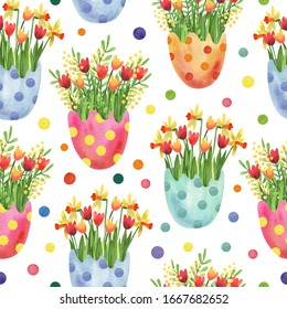 Watercolor seamless pattern. Colorful polka dots eggs with spring flowers. Daffodils, tulips and mimosa. Great for fabrics, wrapping papers, wallpapers, covers. Easter design.