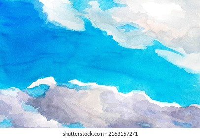 Watercolor Seamless Pattern In Cool Tone. Abstract Landscape With Azure Water And Lush Foliage On The Coast. Bright Morning Sky With Fluffy Clouds In A Lilac Gradient. Delicate Print In Natural Colors