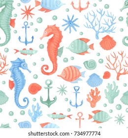 Watercolor seamless pattern with corals, seahorses, seashells, fishes, anchors etc. Bright and stylish sea theme background.