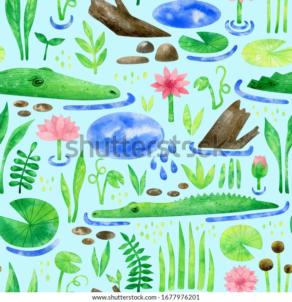 ワニや水草を使った水彩のシームレスな模様 かわいい背景に水ユリ 湖 ワニ 植物 葉 子ども用の花 織物 壁紙 包装 カバー のイラスト素材