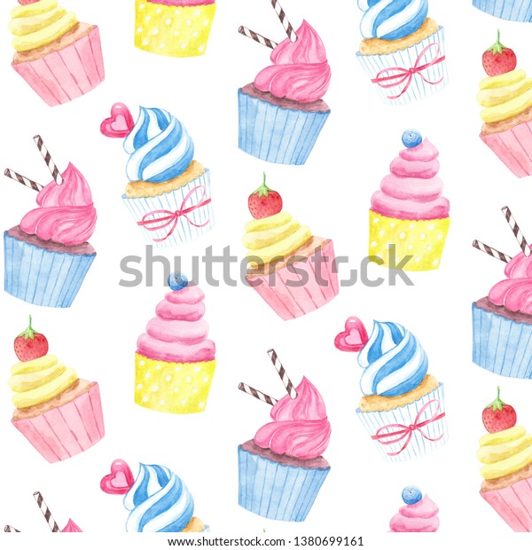 Watercolor seamless pattern with cupcakes small café wallpaper mural..