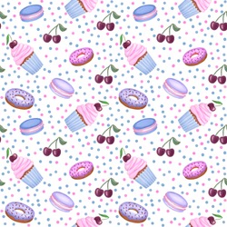 Watercolor Seamless Pattern Of Cupcakes And Donuts On Pink And Blue Dots Background