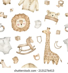 Watercolor Seamless Pattern With Cute Baby Safari Toys, Clothing, Nursery Elements. Lion, Giraffe, Rocking Horse, Hat, Romper, Cubes, Teether. Childish Room Decor, Background