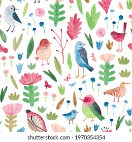 Watercolor seamless pattern. Cute birds and flowers. Childish background.